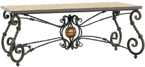 Casa Padrino Luxus Barock Esstisch Beige / Grau / Messingfarben - Handgefertigter Schmiedeeisen Gartentisch mit Naturstein Mosaik Fliesen Tischplatte - Garten Terrassen Esszimmer M�bel