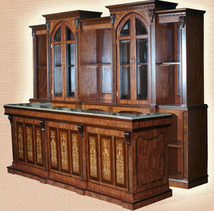 Casa Padrino Luxus Massivholz Bar mit Marmorplatte Dunkelbraun / Braun / Cremefarben 381 x H. 251,5 cm - Luxus Hotel & Restaurant Massivholz Bar Mbel