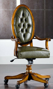 Casa Padrino Luxus Jugendstil Brostuhl Vintage Grn / Braun 56 x 47 x H. 110-120 cm - Hhenverstellbarer Schreibtischstuhl mit Echtleder - Barock & Jugendstil Bro Mbel
