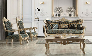 Casa Padrino Luxus Barock Wohnzimmer Set Dunkelblau / T�rkis / Silber / Gold - 2 Barock Sofas mit Muster & 2 Barock Sessel mit Muster & 1 Barock Couchtisch - Barock Wohnzimmer M�bel