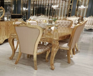 Casa Padrino Luxus Barock Esszimmer Set Rosa / Gold - 1 Barock Esstisch & 6 Barock Esszimmerst�hle mit elegantem Muster - Esszimmer M�bel im Barockstil - Edel & Prunkvoll