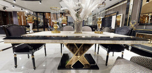 Casa Padrino Luxus Art Deco Esstisch Wei / Schwarz / Gold - Art Deco Esszimmer Tisch - Art Deco Esszimmer Mbel - Luxus Qualitt