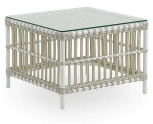 Casa Padrino Luxus Gartentisch Wei� / Grau 60 x 60 x H. 43 cm - Wetterbest�ndiger Garten & Terrassen Beistelltisch mit Glasplatte - Moderne Garten & Terrassen M�bel - Luxus Kollektion