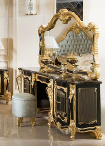Casa Padrino Luxus Barock Schlafzimmer Set Schwarz / Gold / Hellblau - 1 Barock Schminkkommode & 1 Barock Spiegel & 1 Barock Hocker - Barock Schlafzimmer M�bel - Edel & Prunkvoll