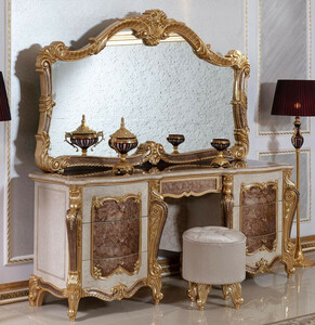 Casa Padrino Luxus Barock Schlafzimmer Set Wei� / Braun / Gold / Silber - 1 Barock Schminkkommode & 1 Barock Spiegel & 1 Barock Hocker - Barock Schlafzimmer M�bel - Edel & Prunkvoll