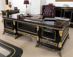 Casa Padrino Luxus Barock Brombel Set Bordeauxrot / Schwarz / Gold - 1 Barock Schreibtisch & 1 Barock Chesterfield Brostuhl mit edlem Kunstleder - Prunkvolle Barock Brombel