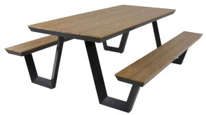 Casa Padrino Luxus Gartentisch mit integrierten Sitzb�nken Braun / Anthrazit 200 x H. 75 cm - Picknick M�bel - Garten M�bel - Terrassen M�bel - Gastronomie M�bel - Outdoor M�bel - Luxus M�bel