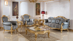 Casa Padrino Luxus Barock Wohnzimmer Set Blau / Gold - 2 Barock Sofas & 2 Barock Sessel & 1 Barock Couchtisch - Luxus Wohnzimmer M�bel im Barockstil - Barock M�bel - Barock Einrichtung
