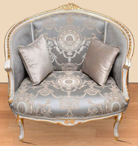 Casa Padrino Barock Sessel mit elegantem Muster Grau / Beige / Wei / Gold - Barockstil Wohnzimmer Sessel - Antik Stil Sessel - Barockstil Wohnzimmer Mbel - Barock Mbel - Barock Einrichtung