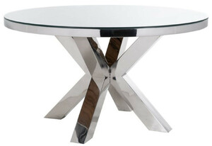 Casa Padrino Luxus Esstisch Silber / Braun  140 x H. 75 cm - Runder Edelstahl K�chentisch mit Massivholz Tischplatte und Glasplatte - Esszimmer M�bel - Luxus M�bel - Luxus Einrichtung