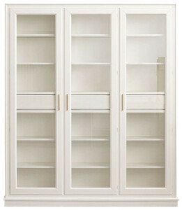 Casa Padrino Luxus B�cherschrank mit 3 T�ren und LED Beleuchtung Wei� 200 x 45 x H. 230 cm - Massivholz Schrank - Wohnzimmerschrank - Regalschrank - B�roschrank - Luxus M�bel - Luxus Einrichtung