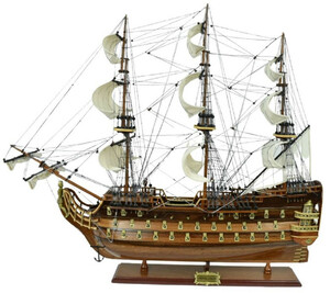 Casa Padrino Luxus Flaggschiff Royal Louis Braun 94 x 25 x H. 84 cm - Handgefertigtes Deko Schiff - Holzschiff - Segelschiff - Kriegsschiff - Modellschiff - Wohnzimmer Deko - Deko Accessoires