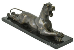 Casa Padrino Luxus Deko Figur Tiger Bronze / Schwarz 41 x 11 x H. 16 cm - Bronze Skulptur mit Marmorsockel - Bronze Dekofigur - Schreibtisch Deko - Wohnzimmer Deko - Luxus Deko Accessoires
