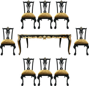 Pomp��s by Casa Padrino Barock Luxus Esszimmer Set Krone Gold / Schwarz - Pomp��ser Barock Esstisch mit Glasplatte und 8 St�hlen designed by Harald Gl��ckler - Esszimmer M�bel im Barockstil