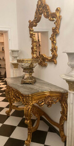 Casa Padrino Barock Konsole mit Marmorplatte und Spiegel Gold / Grau - Prunkvolle Spiegelkonsole im Barockstil - Garderoben M�bel Barockstil - Barock M�bel - Antik Stil M�bel - Edel & Prunkvoll