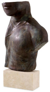 Casa Padrino Luxus Deko Skulptur Torso Antik Bronze / Beige 28 x 14,5 x H. 51,5 cm - Messing Deko Figur mit Travertin Sockel - Wohnzimmer Deko - Schreibtisch Deko - Bro Deko - Deko Accessoires