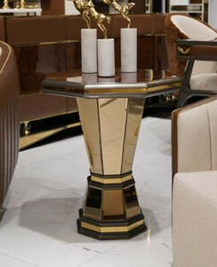 Casa Padrino Luxus Beistelltisch Braun / Grau / Gold - Verspiegelter 8 eckiger Massivholz Tisch - Wohnzimmer Mbel - Wohnzimmer Einrichtung - Luxus Mbel - Luxus Einrichtung - Luxus Qualitt