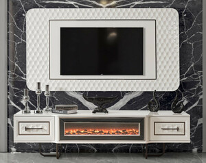 Casa Padrino Luxus Art Deco TV Schrank Set Wei� / Bronze - Wohnzimmer Sideboard mit LED Elektrokamin & TV R�ckwand - Art Deco M�bel - Wohnzimmer M�bel - Luxus M�bel - Luxus Einrichtung