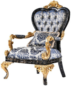 Casa Padrino Luxus Barock Sessel Blau / Schwarz / Gold - Prunkvoller Wohnzimmer Sessel - Barockstil Wohnzimmer M�bel - Luxus M�bel im Barockstil - Barock Einrichtung - Wohnzimmer Einrichtung