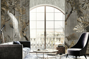 Casa Padrino Luxus Vorhang Set Weier Pfau im Wald Grau / Mehrfarbig 250 x H. 290 cm - Bedruckte Samt Gardinen - senvorhnge - Wohnzimmer Vorhnge - Luxus Vorhnge - Luxus Qualitt