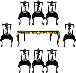 Pomp��s by Casa Padrino Barock Luxus Esszimmer Set Krone Schwarz / Gold - Pomp��ser Barock Esstisch mit Glasplatte und 8 St�hlen designed by Harald Gl��ckler - Esszimmer M�bel im Barockstil