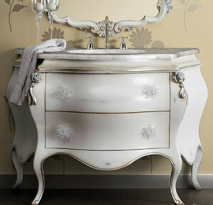 Casa Padrino Luxus Barock Waschtisch Wei� / Silber - Prunkvolle Waschbecken Kommode mit 2 Schubladen - Luxus Badezimmer M�bel im Barockstil - Barock M�bel - Luxus Qualit�t - Made in Italy