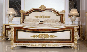 Casa Padrino Luxus Barock Schlafzimmer Set Wei� / Beige / Braun / Gold - 1 Barock Doppelbett mit Kopfteil & 2 Barock Nachtkommoden - Luxus Schlafzimmer M�bel im Barockstil - Barock M�bel