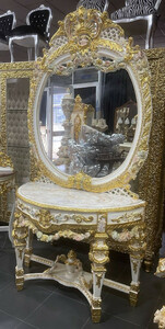 Casa Padrino Barock Spiegelkonsole mit Marmorplatte Wei / Mehrfarbig / Gold - Prunkvolle Barock Konsole mit Spiegel - Garderoben Mbel Barockstil - Barock Mbel - Antik Stil Mbel