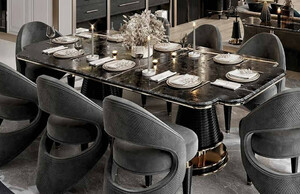 Casa Padrino Luxus Esstisch Schwarz / Gold 250 x 112 x H. 77 cm - Esszimmer Tisch mit Kunstmarmor Tischplatte - Esszimmer Mbel - Luxus Mbel - Luxus Einrichtung