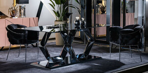 Casa Padrino Luxus Designer Esszimmer M�bel Set Schwarz / Silber - 1 Luxus Esstisch mit Glasplatte & 6 Luxus Esszimmerst�hle - Esszimmer M�bel - Luxus M�bel - Luxus Esszimmer Einrichtung