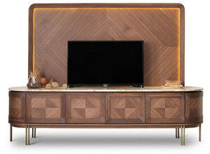 Casa Padrino Luxus TV Schrank Set Braun / Beige / Messing - Wohnzimmer Sideboard mit 4 T�ren & beleuchteter TV R�ckwand - Wohnzimmer M�bel - Hotel M�bel - Luxus M�bel