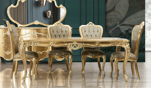 Casa Padrino Luxus Barock Esszimmer Set Gr�n / Antik Gold - 1 Barock Esstisch & 6 Barock Esszimmerst�hle - Luxus Esszimmer M�bel im Barockstil - Prunkvolle Barock Esszimmer M�bel
