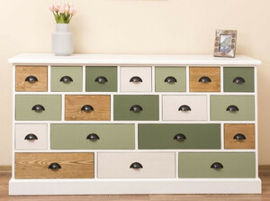 Casa Padrino Landhausstil Kommode Wei� / Gr�n / Naturfarben 180 x 48 x H. 95 cm - Massivholz Schrank mit 19 Schubladen - Landhausstil M�bel - M�bel im Landhausstil - Landhausstil Einrichtung