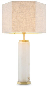 Casa Padrino Luxus Tischleuchte Wei� / Antik Messing / Grau 46 x 46 x H. 84,5 cm - Alabaster Schreibtischleuchte mit sechseckigem Lampenschirm - Luxus Tischleuchten - Luxus Schreibtischleuchten