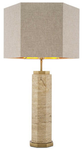 Casa Padrino Luxus Tischleuchte Beige / Antik Messing / Grau 46 x 46 x H. 84,5 cm - Travertin Schreibtischleuchte mit sechseckigem Lampenschirm - Luxus Tischleuchten - Luxus Schreibtischleuchten