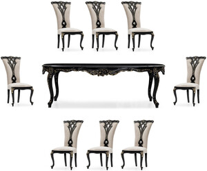 Casa Padrino Luxus Barock Esszimmer Set Creme / Schwarz / Gold - 1 Barock Esstisch & 8 Barock Esszimmerst�hle - Luxus Esszimmer M�bel im Barockstil - Prunkvolle Barock Esszimmer M�bel