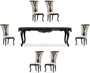 Casa Padrino Luxus Barock Esszimmer Set Creme / Schwarz / Gold - 1 Barock Esstisch & 6 Barock Esszimmerst�hle - Luxus Esszimmer M�bel im Barockstil - Prunkvolle Barock Esszimmer M�bel