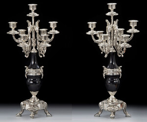 Casa Padrino Luxus Barock Kerzenhalter Set Silber / Schwarz  25 x H. 55 cm - Handgefertigte Barockstil Bronze Kerzenst�nder - Barock Deko Accessoires - Barock Interior - Edel & Prunkvoll