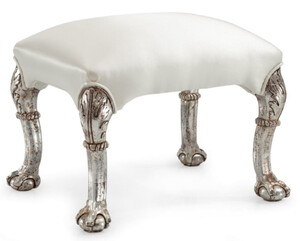 Casa Padrino Luxus Barock Leder Hocker Wei / Antik Silber - Handgefertigter Barockstil Sitzhocker mit hochwertigem Echtleder - Barock Mbel - Edel & Prunkvoll - Luxus Qualitt - Made in Italy