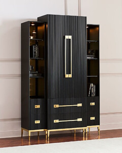 Casa Padrino Luxus Vitrine mit LED Beleuchtung Schwarz / Gold 124 x 57 x H. 177 cm - Beleuchteter Massivholz Vitrinenschrank mit 2 Tren und 6 Schubladen - Wohnzimmer Mbel - Luxus Mbel