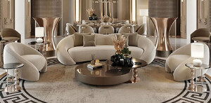 Casa Padrino Luxus Wohnzimmer Set Hellgrau / Kupfer / Schwarz - 2 Luxus Sofas & 2 Luxus Sessel & 1 Luxus Couchtisch & 2 Luxus Beistelltische - Wohnzimmer Mbel - Luxus Mbel
