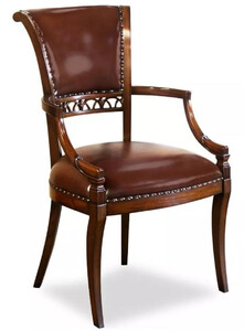 Casa Padrino Luxus Art Deco Leder Esszimmer Stuhl mit Armlehnen Dunkelbraun - Eleganter Massivholz K�chenstuhl mit edlem Echtleder - Esszimmer M�bel - Leder M�bel - Art Deco M�bel