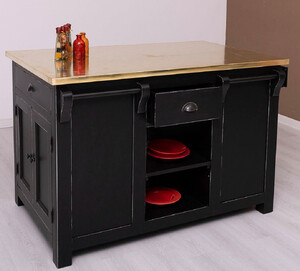 Casa Padrino Landhausstil Shabby Chic K�cheninsel mit verzinkter Tischplatte Antik Schwarz / Gold 135 x 85 x H. 90 cm - Massivholz Esszimmerschrank - Esszimmer M�bel im Landhausstil