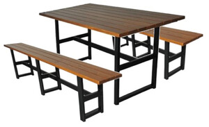 Casa Padrino Biergarten Industrie Stil Mbel Set Dunkelbraun / Schwarz - Biergarten Industrie Stil Garten Esstisch & 2 Biergarten Industrie Stil Garten Sitzbnke - Gastronomie & Garten Mbel