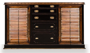 Casa Padrino Luxus Vintage Stil Sideboard mit 5 Schubladen und 2 T�ren Antik Schwarz / Kupfer / Messing 223,5 x 50 x H. 127 cm - Vintage Stil Schrank - Vintage Stil M�bel - Luxus Massivholz M�bel