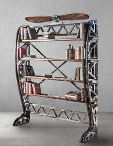 Casa Padrino Luxus Industrie Stil B�cherschrank Silber / Schwarz / Braun 171 x 29,5 x H. 208,5 cm - Metall Schrank mit dekorativem Flugzeug Propeller - B�roschrank - Luxus Industrie Stil M�bel