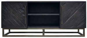 Casa Padrino Luxus Massivholz TV Schrank Schwarz / Messing 160 x 43 x H. 60 cm - Rustikales Eichenholz Wohnzimmer Sideboard mit 2 T�ren - Rustikale Luxus Massivholz Wohnzimmer M�bel