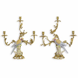 Casa Padrino Jugendstil Kerzenhalter Set Papageien Messing / Bunt H. 65 cm