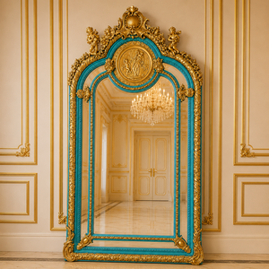Casa Padrino Barock Standspiegel T�rkis / Gold 115 x H. 220 cm - mit Medaillon und Engeln - Handgefertigter Antik Stil Ganzk�rperspiegel - Garderoben Spiegel - Schlafzimmer Spiegel - Barock M�bel