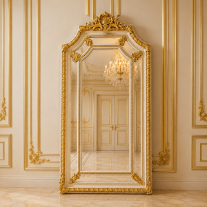 Casa Padrino Barock Standspiegel Creme / Gold 115 x H. 215 cm - mit Muschel Bekr�nung - Handgefertigter Antik Stil Ganzk�rperspiegel - Garderoben Spiegel - Schlafzimmer Spiegel - Barock M�bel